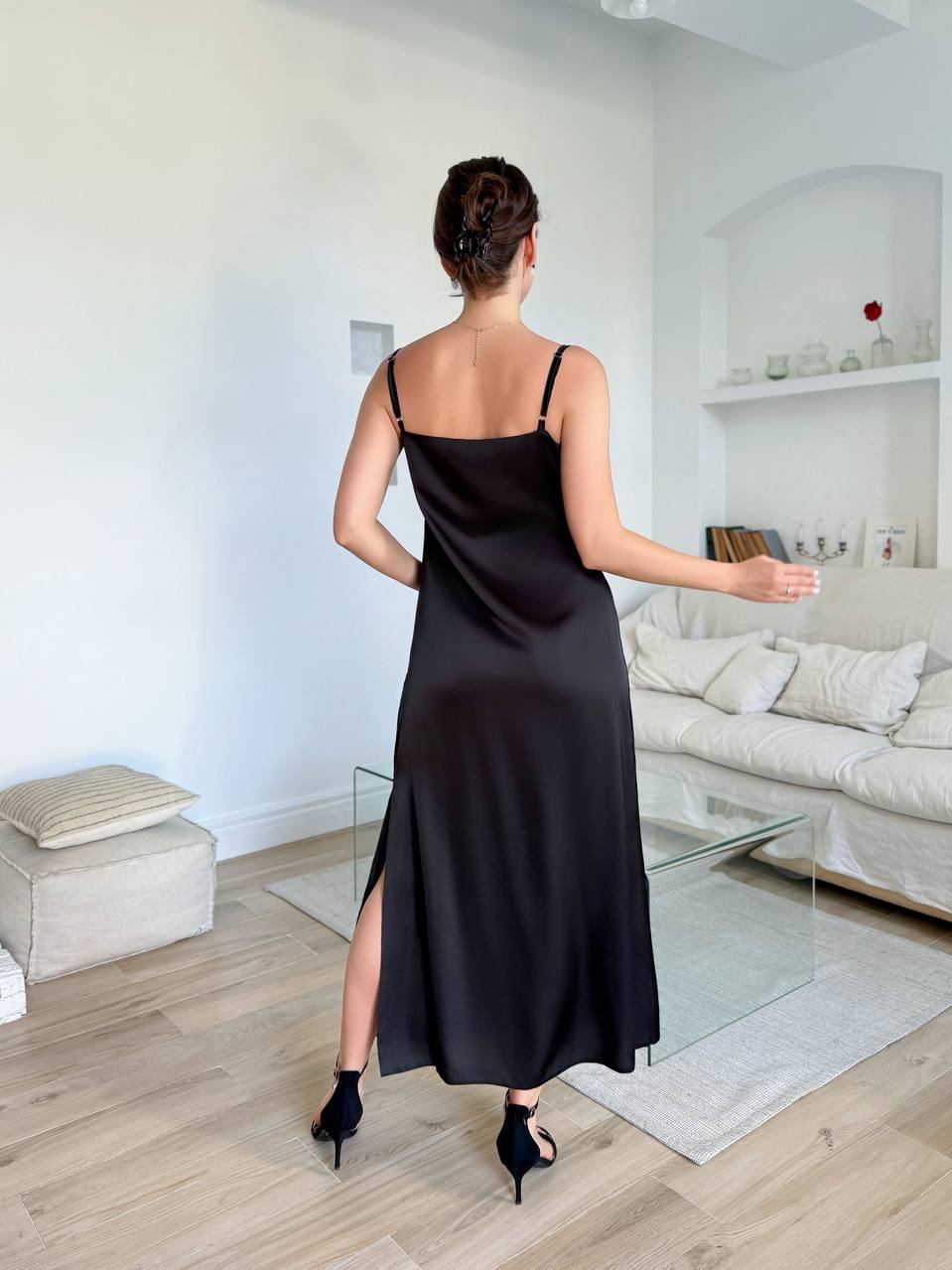 Black Satin Slip Midi Dress V Neck Adjustable Straps Sarafan