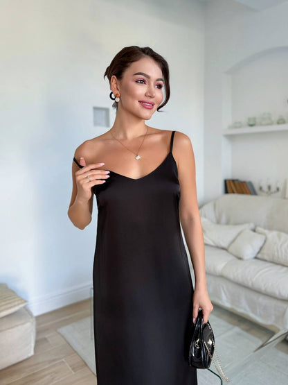 Black Satin Slip Midi Dress V Neck Adjustable Straps Sarafan