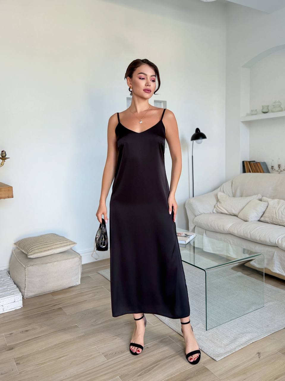 Black Satin Slip Midi Dress V Neck Adjustable Straps Sarafan