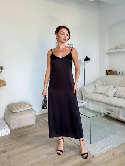 Black Satin Slip Midi Dress V Neck Adjustable Straps Sarafan
