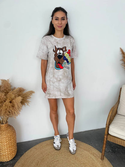 Women T Shirt Dress Beige Tie Dye Cartoon Dog Print Summer Casual Tee Dress