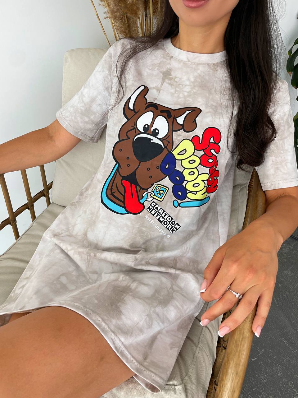 Women T Shirt Dress Beige Tie Dye Cartoon Dog Print Summer Casual Tee Dress