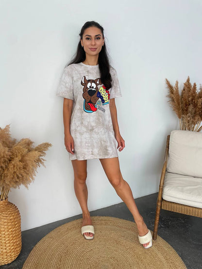 Women T Shirt Dress Beige Tie Dye Cartoon Dog Print Summer Casual Tee Dress