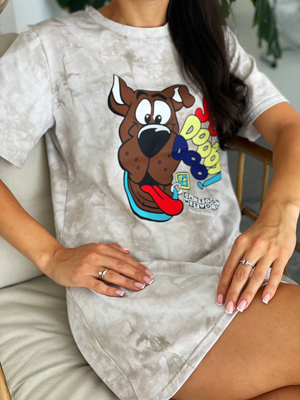 Women T Shirt Dress Beige Tie Dye Cartoon Dog Print Summer Casual Tee Dress