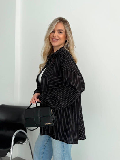 Womens Black Pinstripe Oversized Shirt Loose Fit Button Down