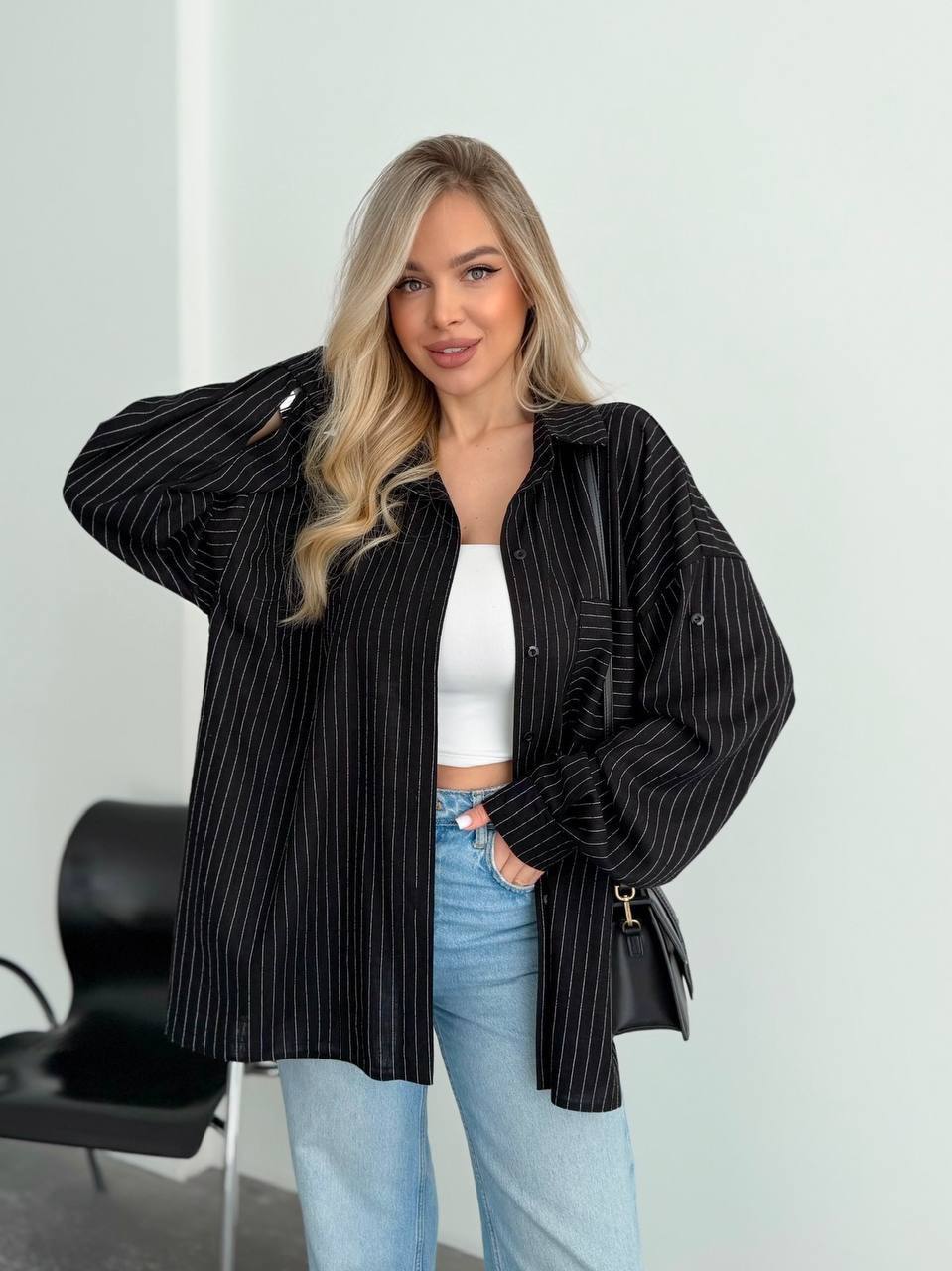 Womens Black Pinstripe Oversized Shirt Loose Fit Button Down