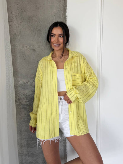 Yellow Striped Oversized Shirt Women Button Up Loose Fit