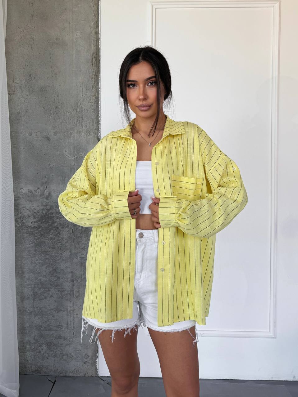 Yellow Striped Oversized Shirt Women Button Up Loose Fit