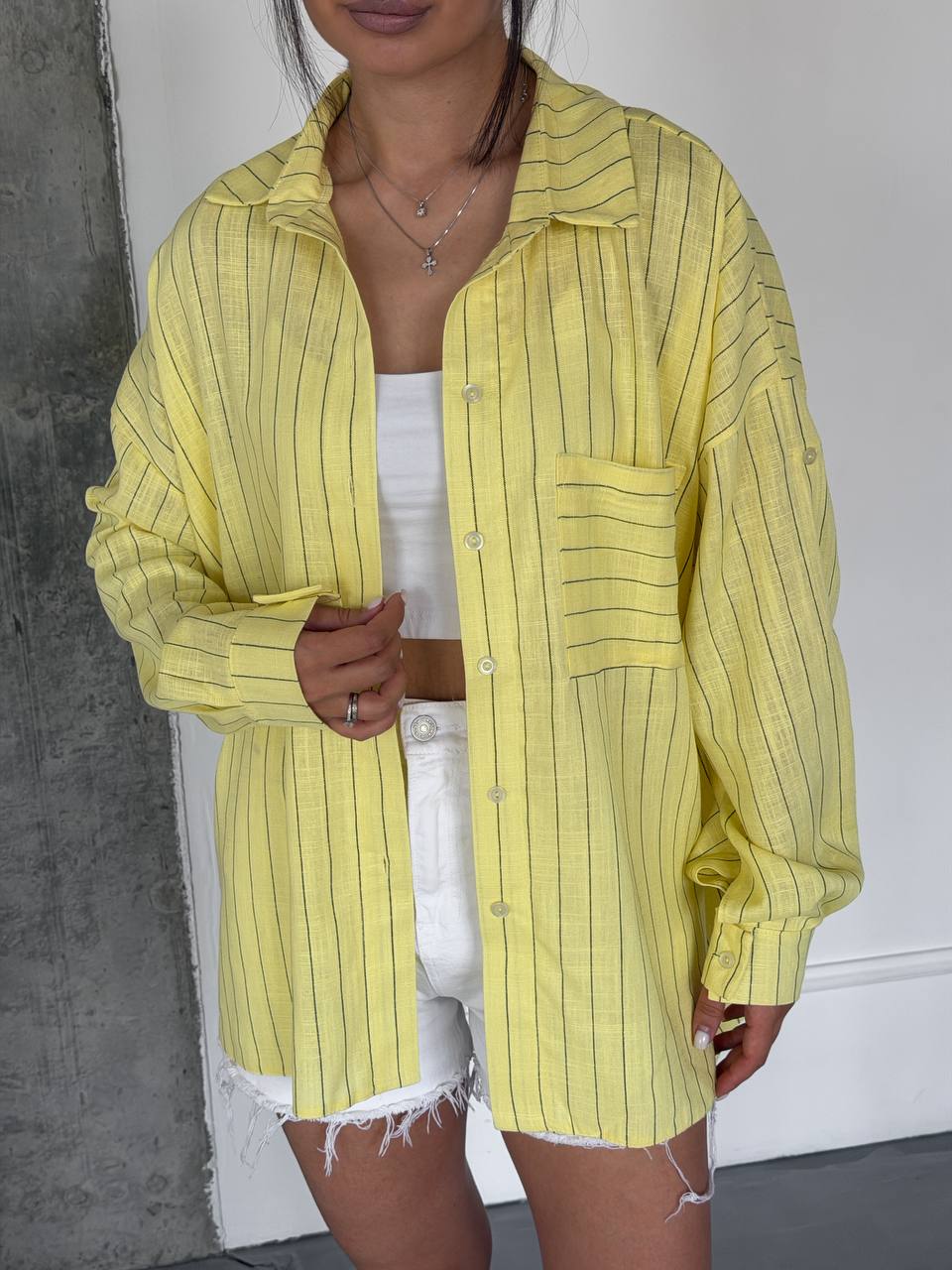 Yellow Striped Oversized Shirt Women Button Up Loose Fit