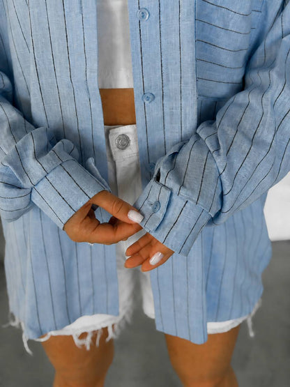 Light Blue Striped Oversized Shirt for Women Loose Fit Button Up Roll Sleeve