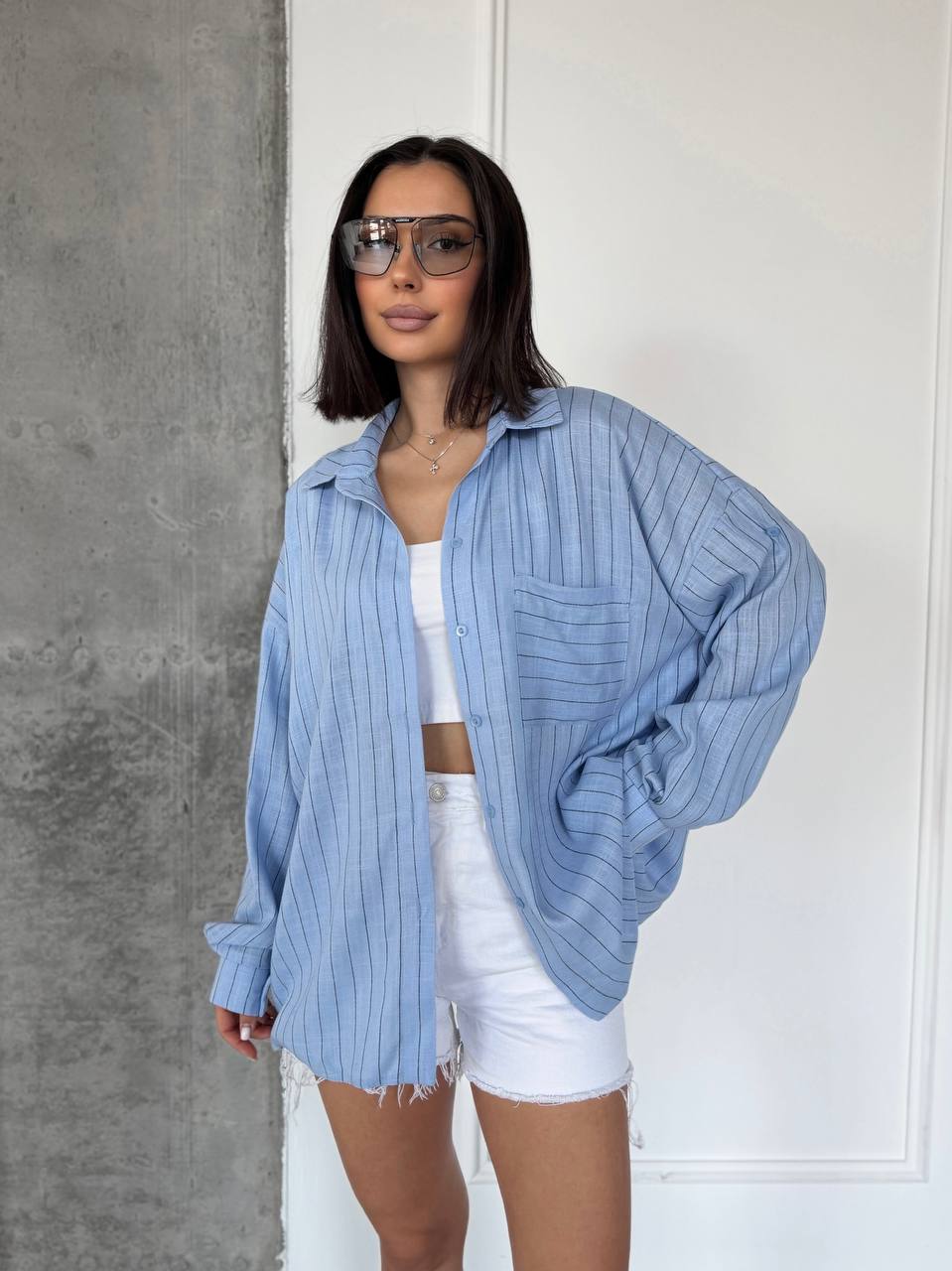 Light Blue Striped Oversized Shirt for Women Loose Fit Button Up Roll Sleeve