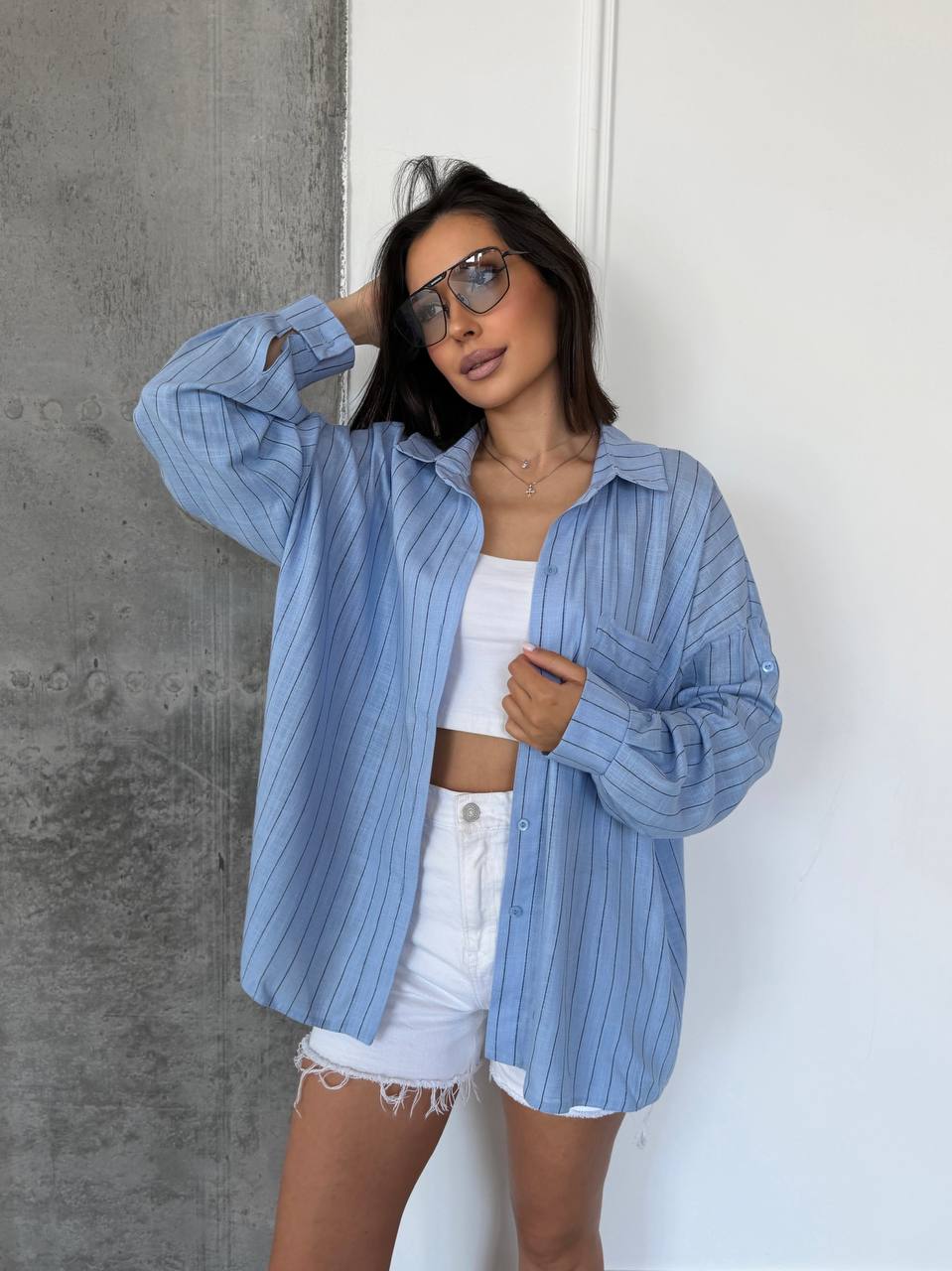 Light Blue Striped Oversized Shirt for Women Loose Fit Button Up Roll Sleeve