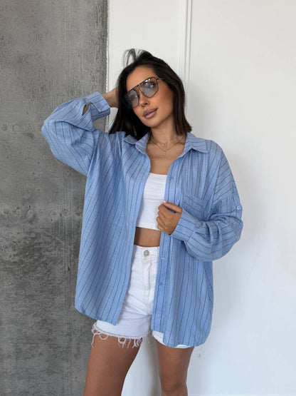 Light Blue Striped Oversized Shirt for Women Loose Fit Button Up Roll Sleeve