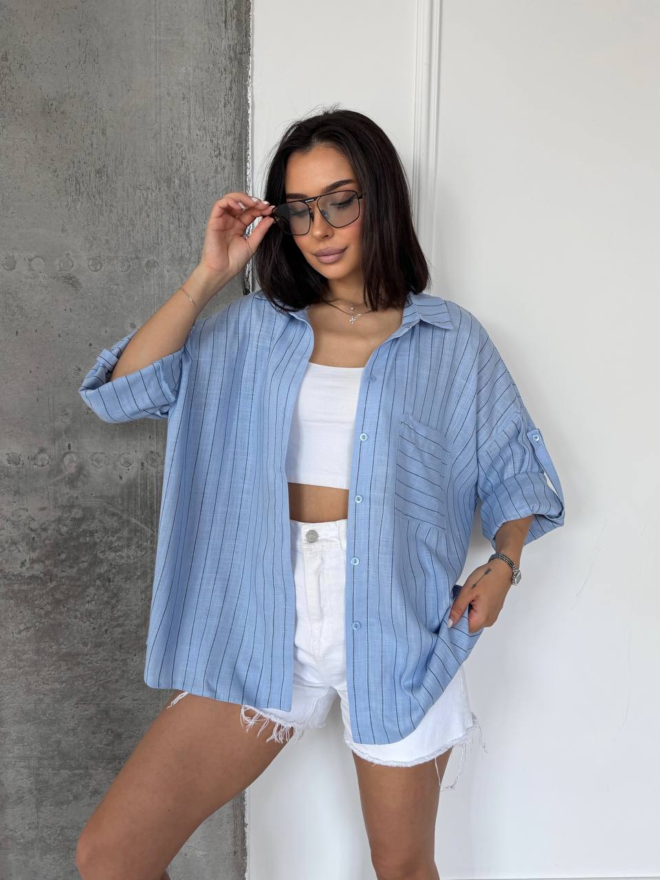 Light Blue Striped Oversized Shirt for Women Loose Fit Button Up Roll Sleeve