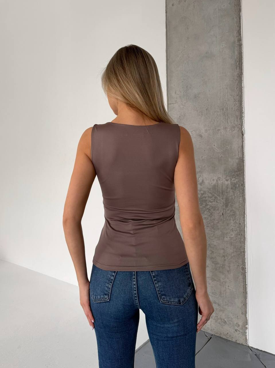 Womens Taupe Square Neck Tank Top Slim Fit Basic Layering Top
