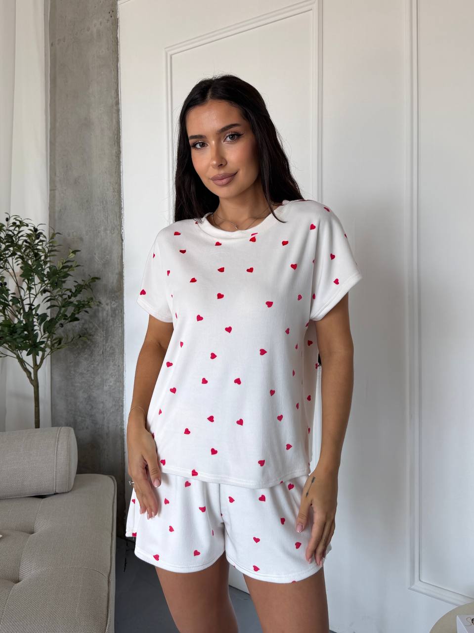 White Velour Pajama Set Womens Heart Print Shorts Loose Top