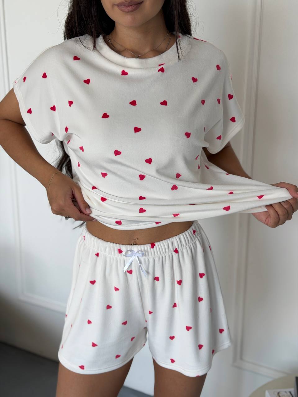 White Velour Pajama Set Womens Heart Print Shorts Loose Top