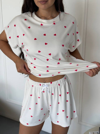 White Velour Pajama Set Womens Heart Print Shorts Loose Top