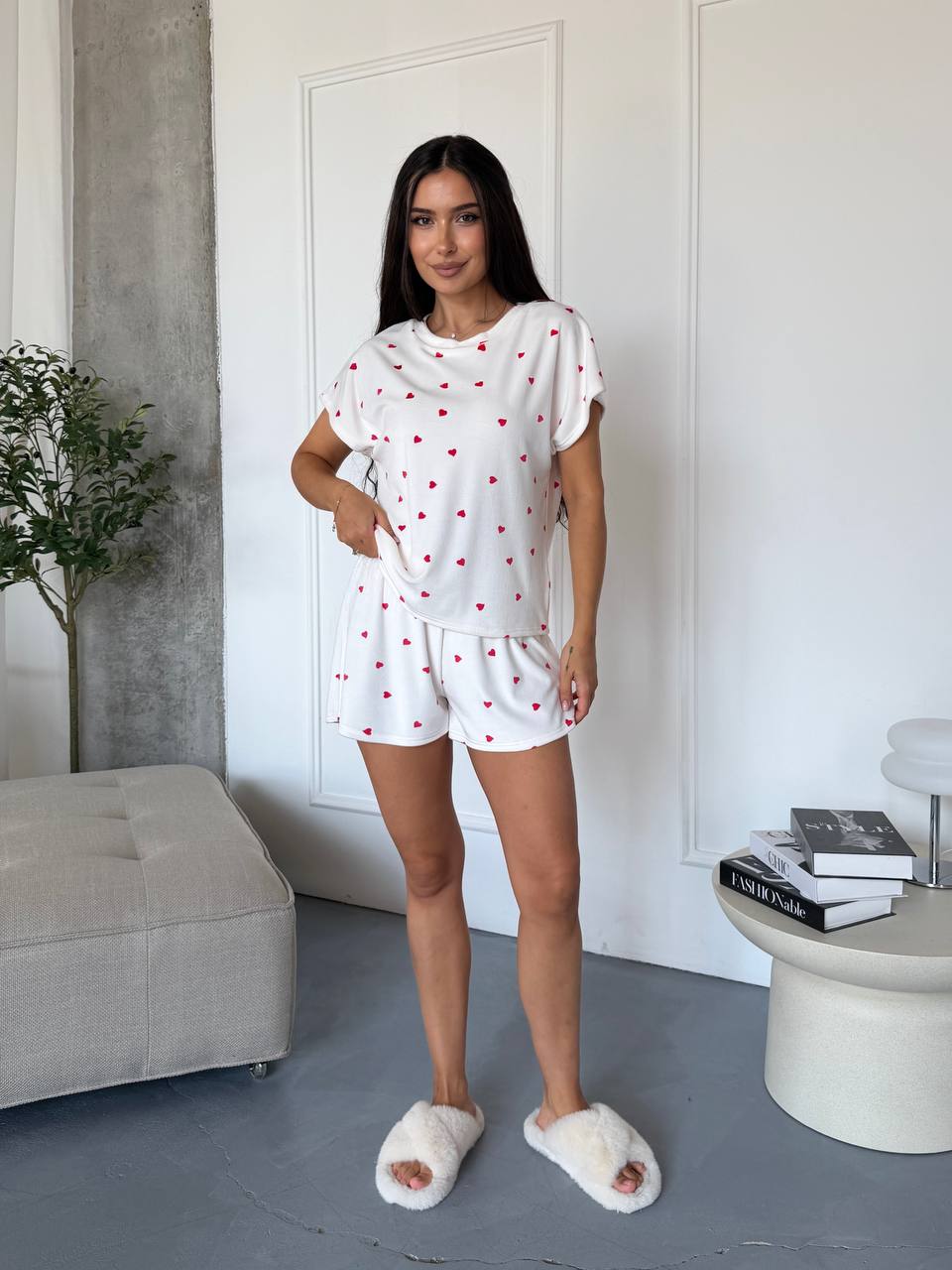 White Velour Pajama Set Womens Heart Print Shorts Loose Top