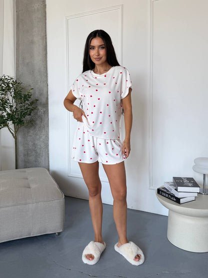 White Velour Pajama Set Womens Heart Print Shorts Loose Top