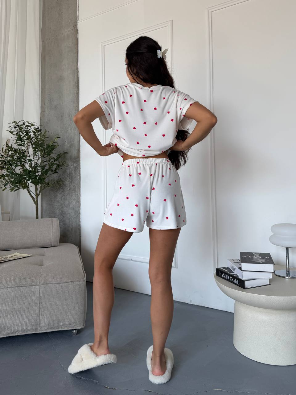 White Velour Pajama Set Womens Heart Print Shorts Loose Top