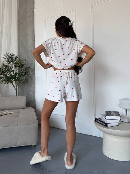 White Velour Pajama Set Womens Heart Print Shorts Loose Top