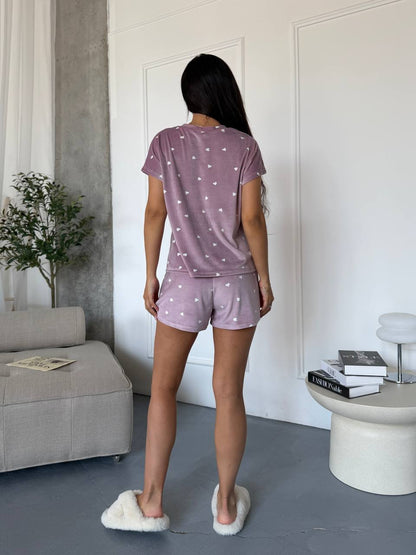 Women Velour Pajama Set Mauve Heart Print Loose Top Shorts with Bow