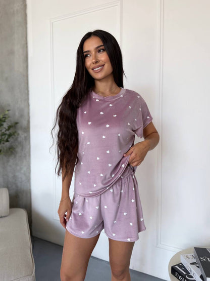 Women Velour Pajama Set Mauve Heart Print Loose Top Shorts with Bow