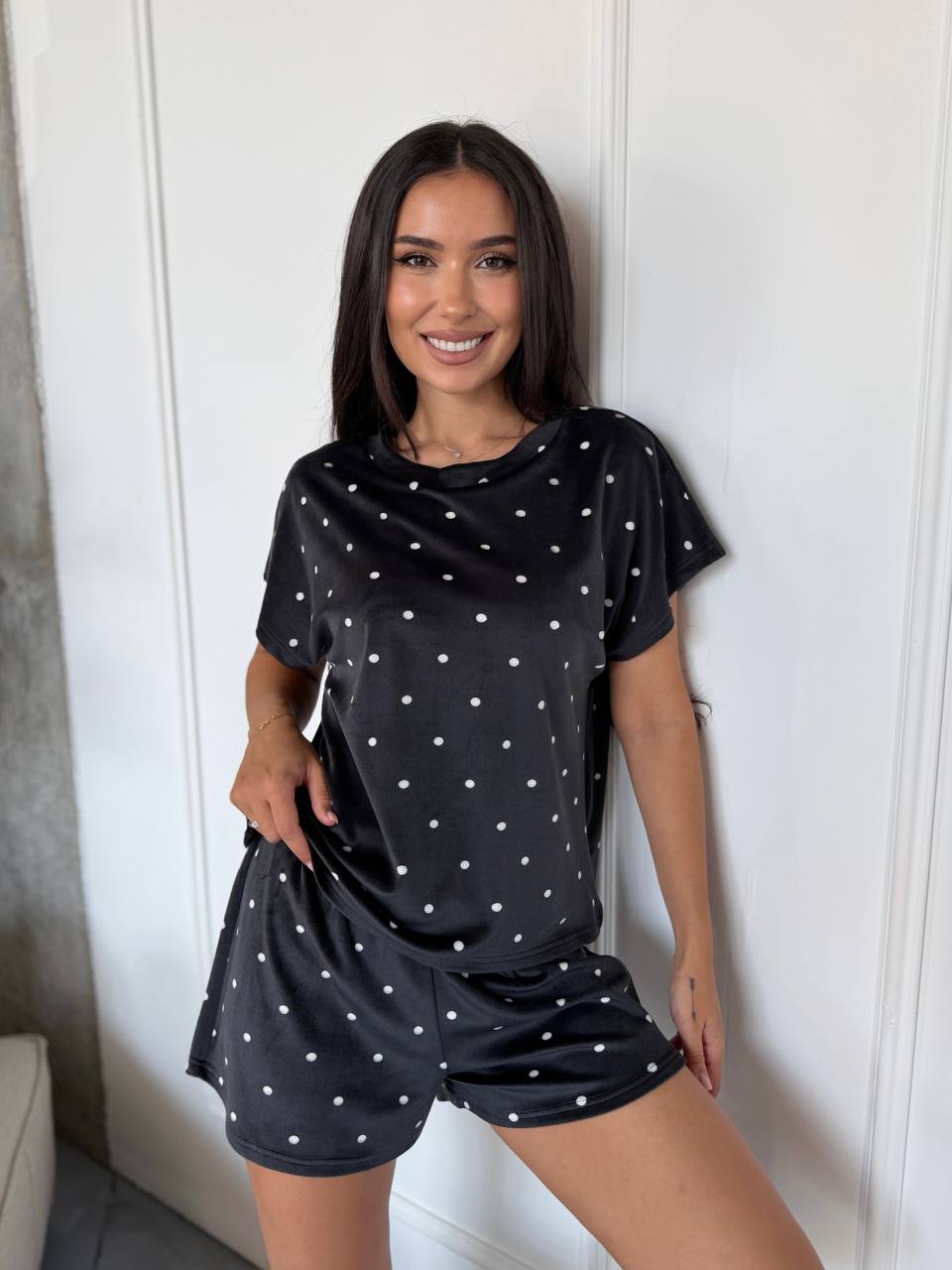 Womens Black Velour Polka Dot Pajama Set Short Sleeve Lounge Shorts with Bow