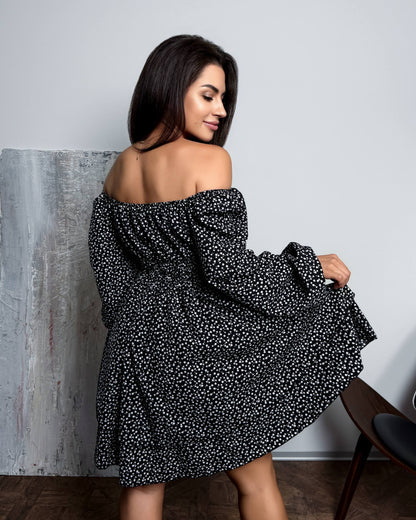 Black Floral Lace Up Mini Dress Wrinkle Resistant Puff Sleeve