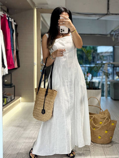 White Linen A Line Maxi Dress Sleeveless Hidden Back Zipper
