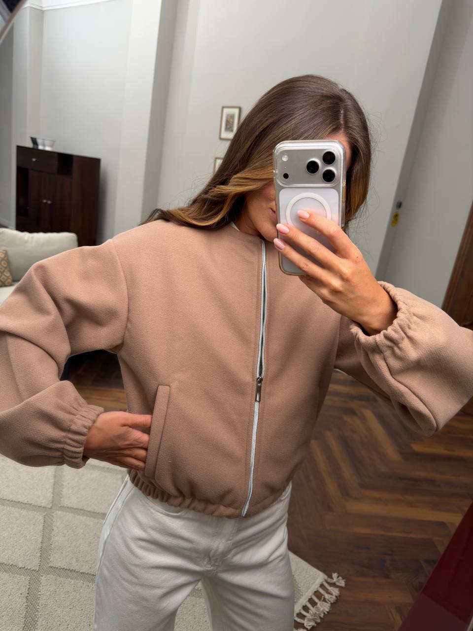 Womens Cashmere Bomber Jacket Beige Lightweight Unlined