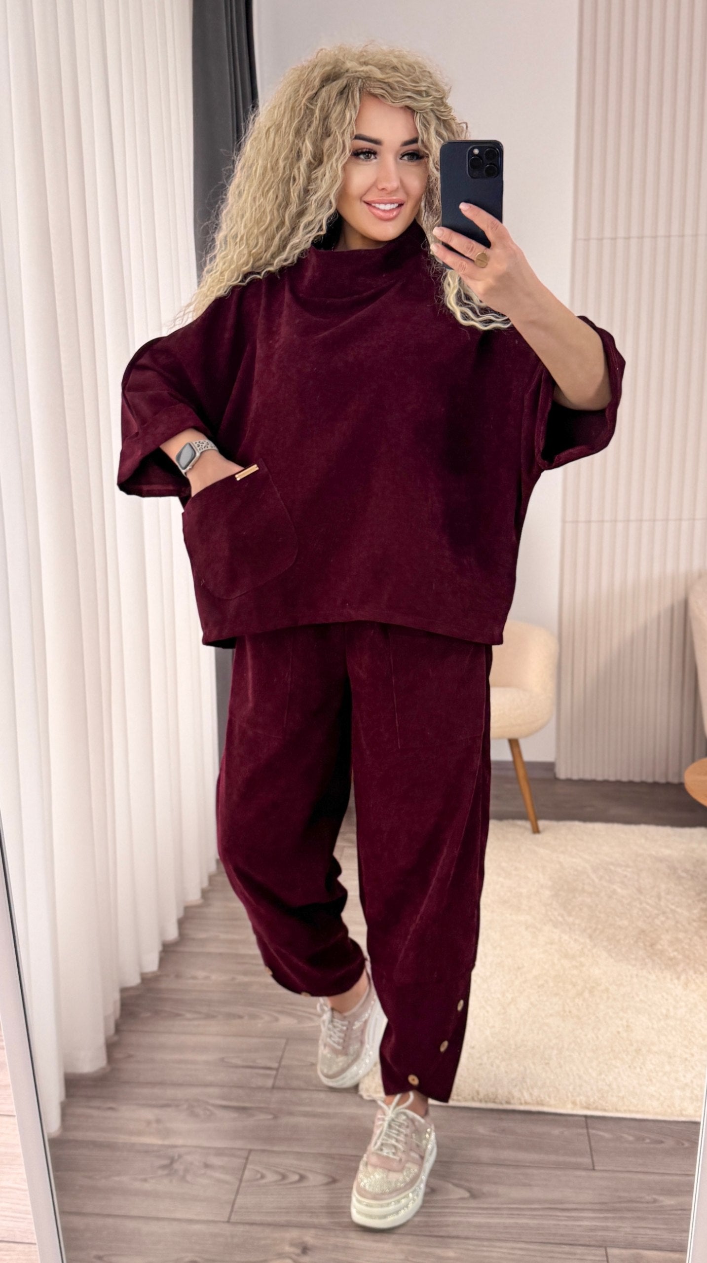 Boho Corduroy Two Piece Suit Women Burgundy Oversized Top Elastic Waist Pants