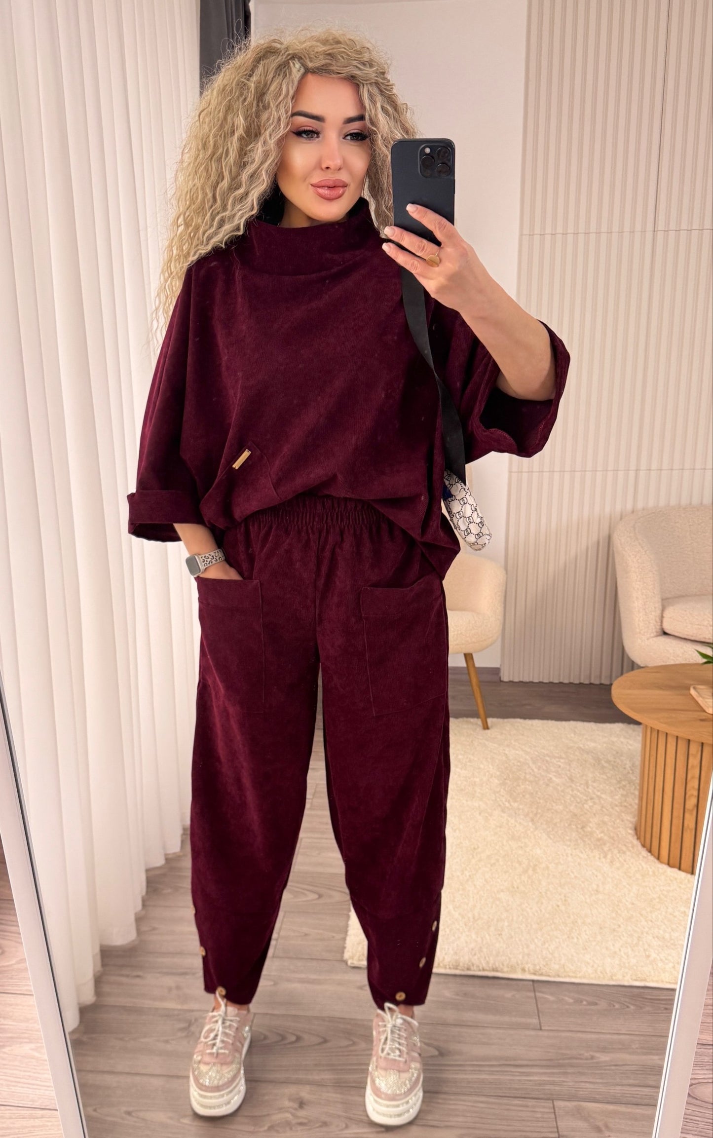 Boho Corduroy Two Piece Suit Women Burgundy Oversized Top Elastic Waist Pants
