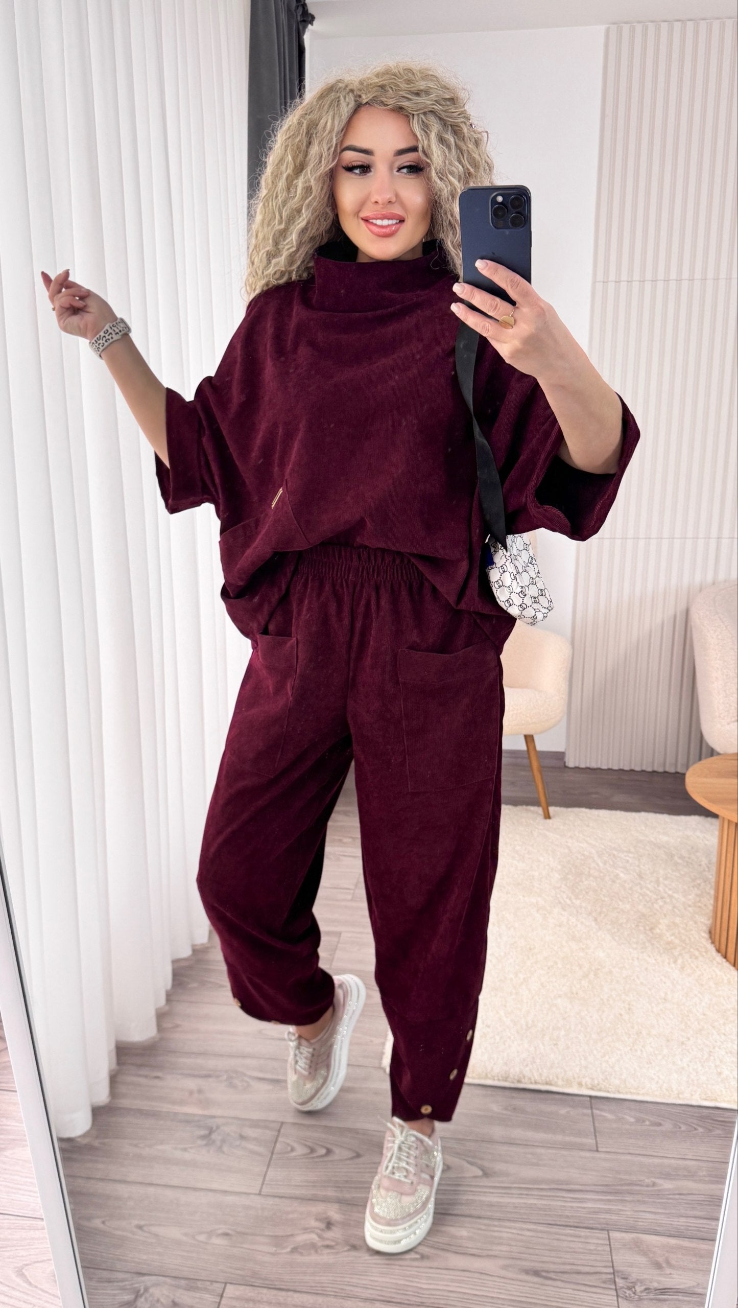 Boho Corduroy Two Piece Suit Women Burgundy Oversized Top Elastic Waist Pants