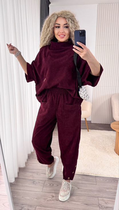 Boho Corduroy Two Piece Suit Women Burgundy Oversized Top Elastic Waist Pants