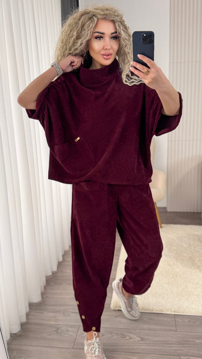 Boho Corduroy Two Piece Suit Women Burgundy Oversized Top Elastic Waist Pants