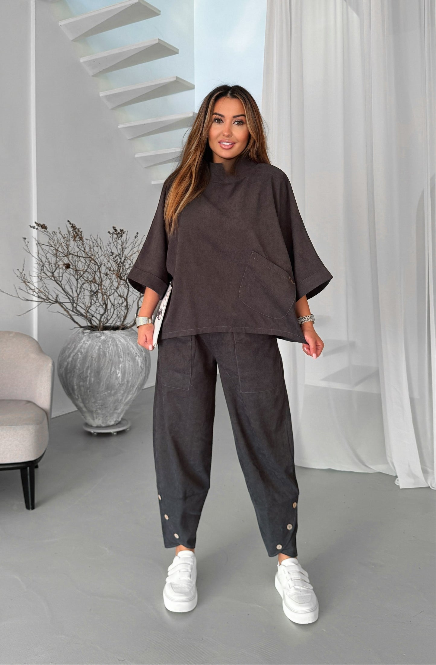 Boho Two Piece Suit for Women Dark Brown Relaxed Top Elastic Waist Pants