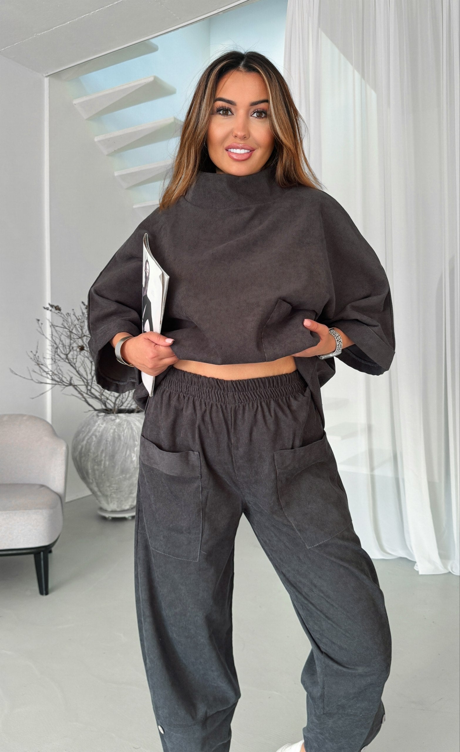 Boho Two Piece Suit for Women Dark Brown Relaxed Top Elastic Waist Pants
