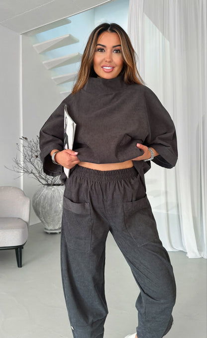Boho Two Piece Suit for Women Dark Brown Relaxed Top Elastic Waist Pants