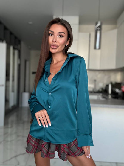 Teal Silk Blouse Womens Satin Shirt Long Sleeve Elegant Button Down