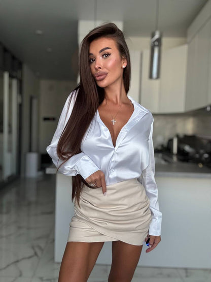 White Silk Blouse Women Long Sleeve Satin Button Up Shirt