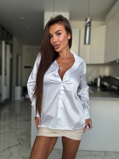 White Silk Blouse Women Long Sleeve Satin Button Up Shirt