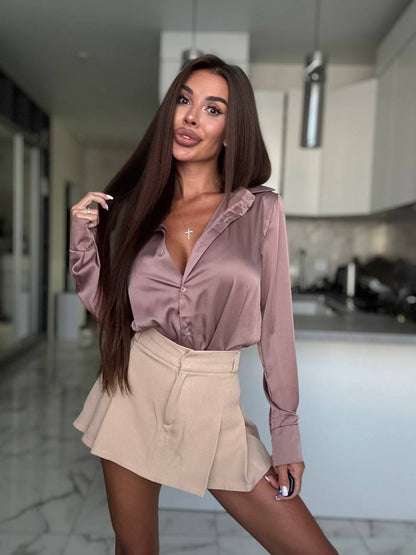 Dusty Rose Silk Button Front Blouse for Women Elegant Breathable Shirt