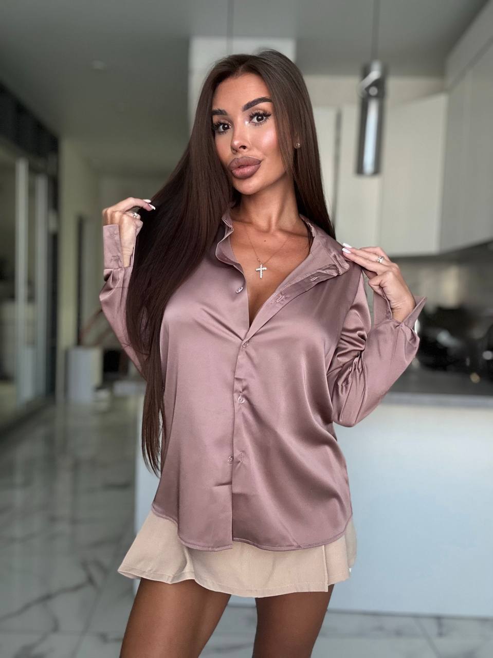 Dusty Rose Silk Button Front Blouse for Women Elegant Breathable Shirt