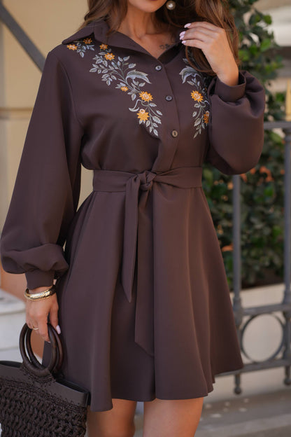 Elegant Brown Embroidered Shirt Dress Belted Button Front Puff Sleeves