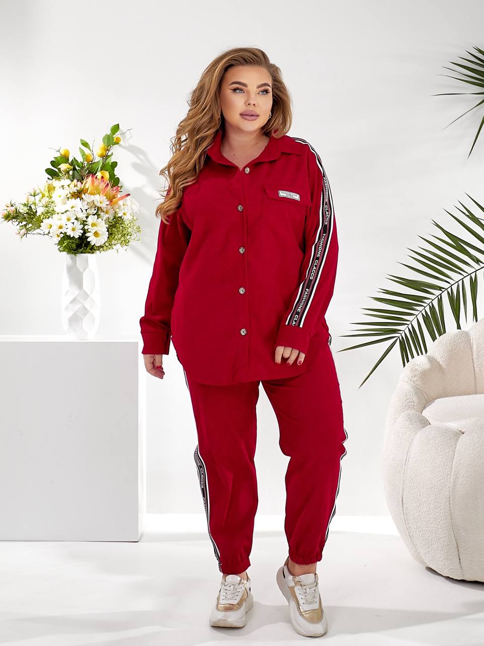 Red Womens Two Piece Casual Suit Button Shirt and Jogger Set with Side Stripe