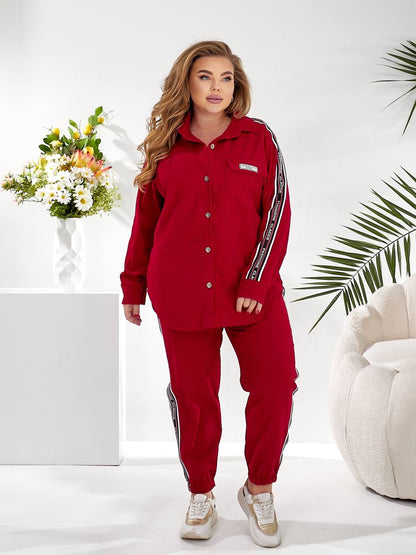 Red Womens Two Piece Casual Suit Button Shirt and Jogger Set with Side Stripe