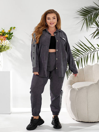 Charcoal Grey Women Two Piece Tracksuit Button Front Shirt Stripe Tape Joggers