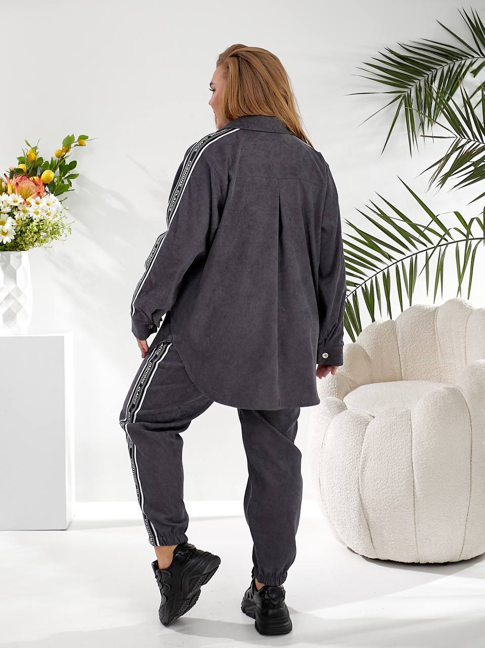 Charcoal Grey Women Two Piece Tracksuit Button Front Shirt Stripe Tape Joggers